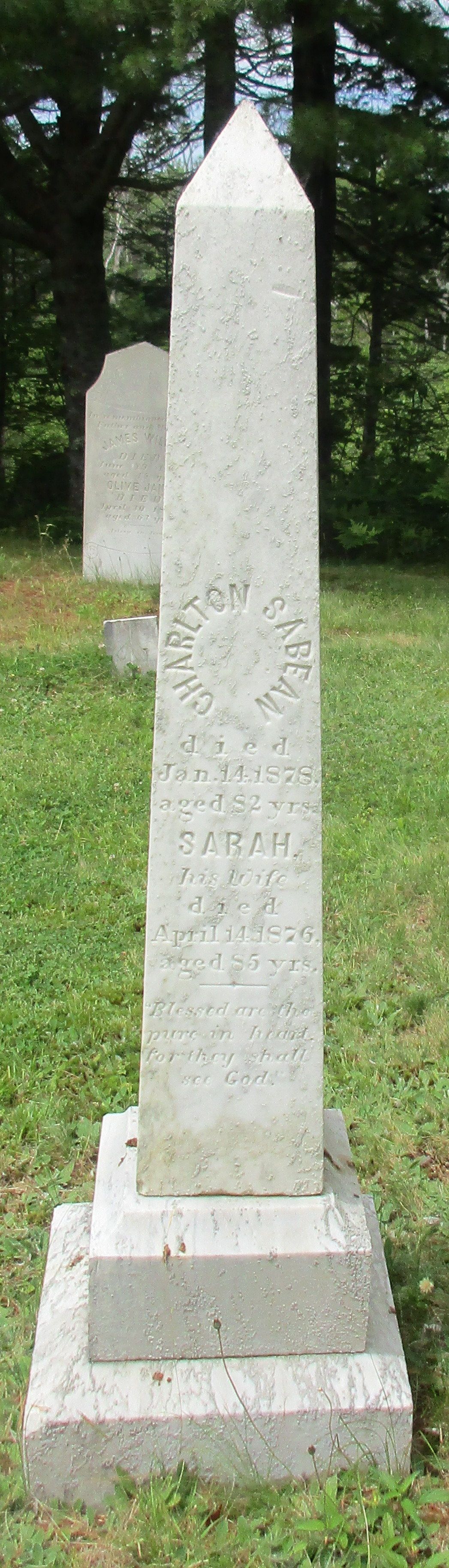 A picture of Deacon Henry Charlton SABEAN and Sarah HANKINSON's tombstone.